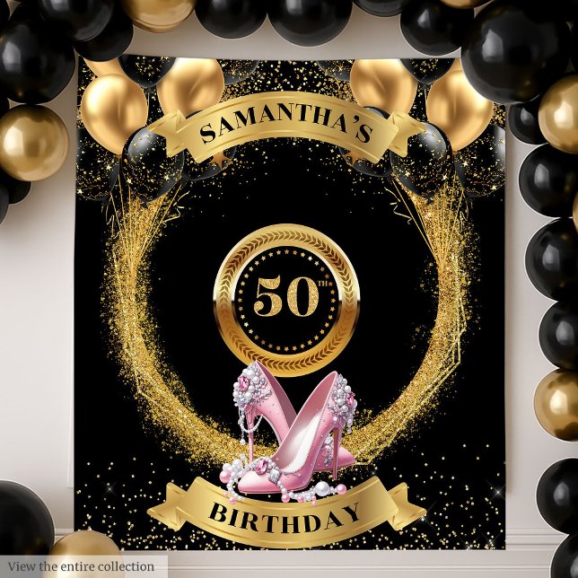 Tenture Luxe 50e anniversaire fond Parties scintillant ros (Luxury 50th Birthday Backdrop Pink Glitter Heels)