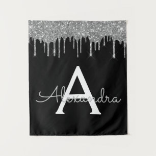 Tenture Luxueuse Glitter Glam Monogramme Nom Argent Noir