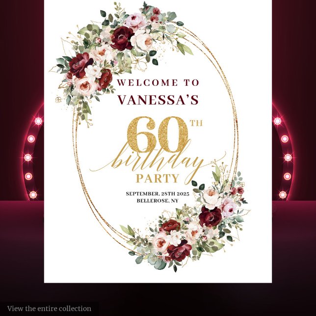 Tenture Luxury Burgundy Gold Floral 60th Birthday Banner (Luxury Burgundy Gold Floral 60th Birthday Banner)