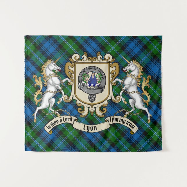 Tenture Lyon Clan Badge & Unicorns avec Tartan (Devant (Horizontal))