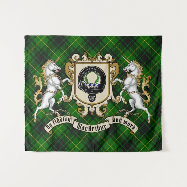 Tenture MacArthur Clan Badge & Unicorns avec Tartan (Devant (Horizontal))