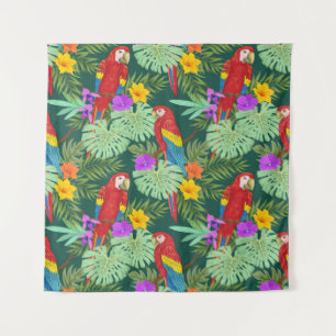 Tenture Macaw et plante tropical avec des fleurs sans cout