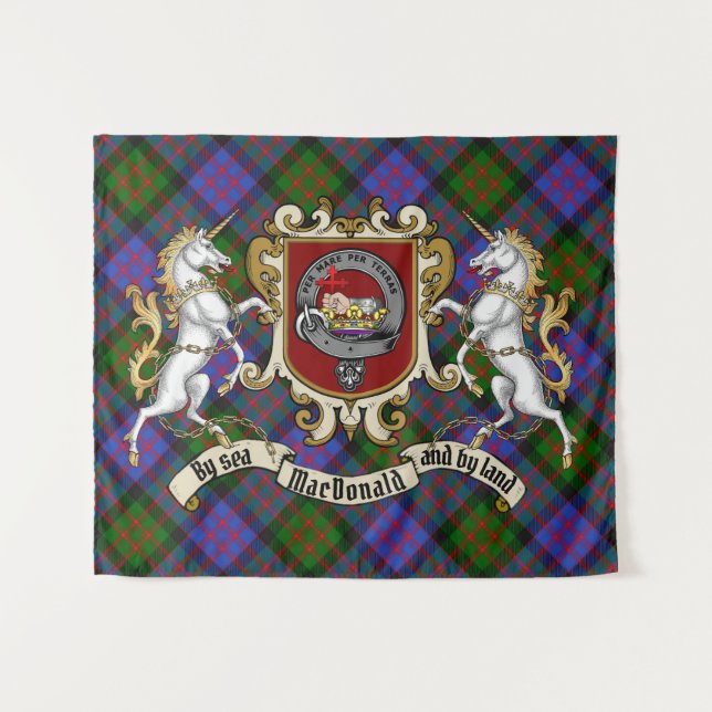Tenture MacDonald Clan Badge & Unicorns avec Tartan (Devant (Horizontal))