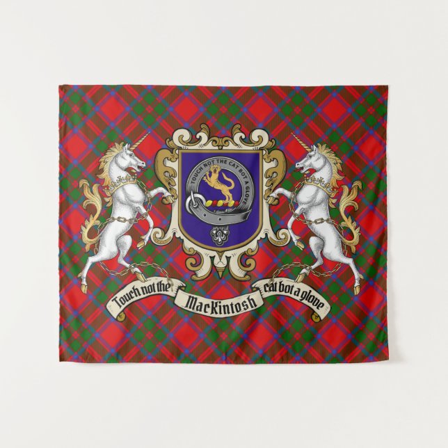 Tenture MacKintosh Clan Badge & Unicorns avec Tartan (Devant (Horizontal))