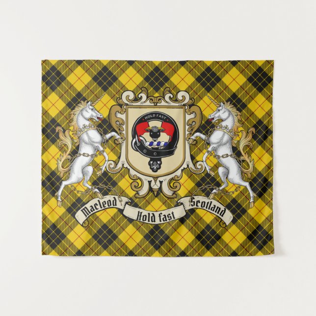 Tenture Macleod Clan Badge & Unicorns avec Tartan (Devant (Horizontal))