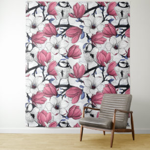Tenture Magnolia rose et métis bleu