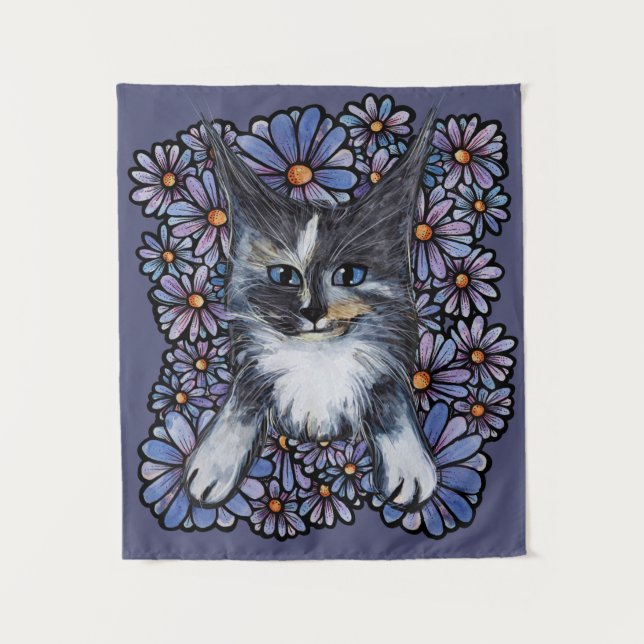 Tenture Maine Coon Dilute Calico Cat Purple Daisy (Devant)