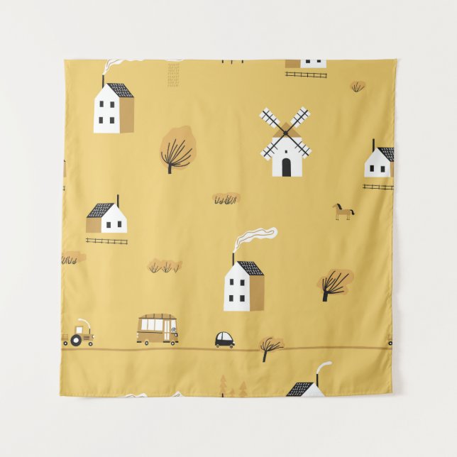 Tenture Maison colorée, arbres, chevaux paysage (Devant)
