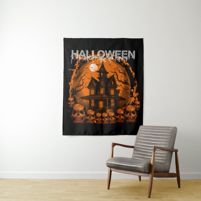 Tenture MAISON HANTÉE EPouvantable D'HALLOWEEN CRÂNES (En situation)