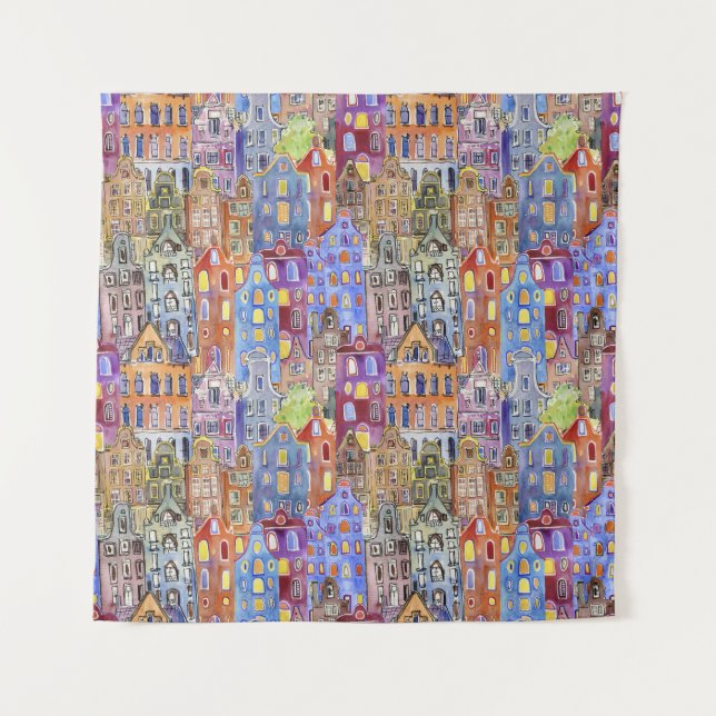 Tenture Maisons Cityscape, motif urbain sans soudure. (Devant)