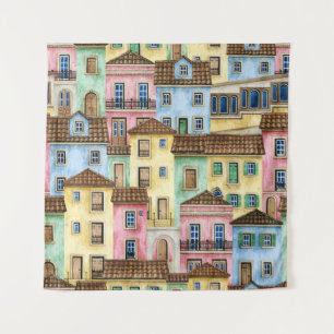 Tenture Maisons de Lisbonne : Aquarelle Motif funiculaire.