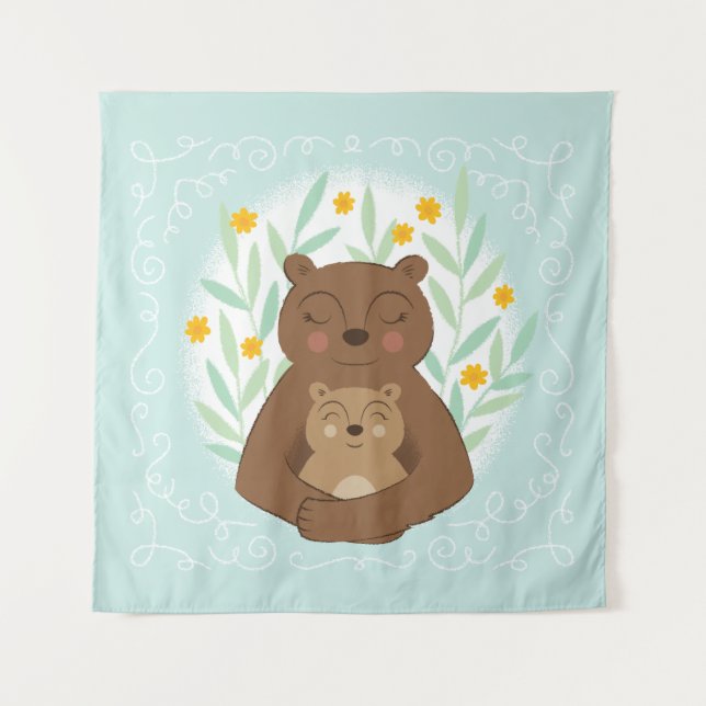 Tenture Maman Ours et Ourson sur Aqua Blue (Devant)