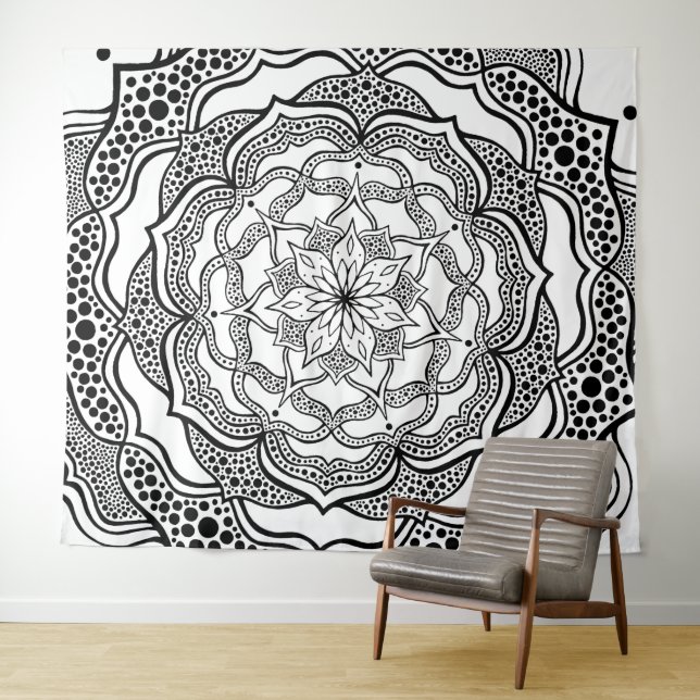 Tenture Mandala Art Boho Chic Elegant noir blanc Trippy (En situation (horizontale))