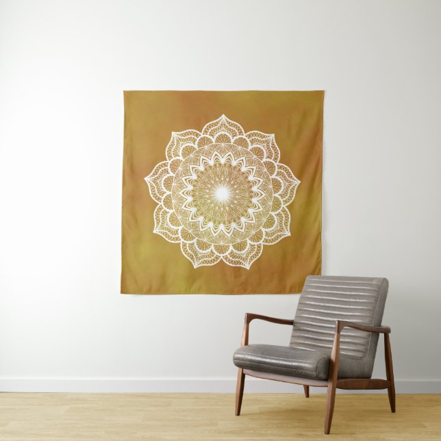 Tenture Mandala blanc sur fond doré (En situation)