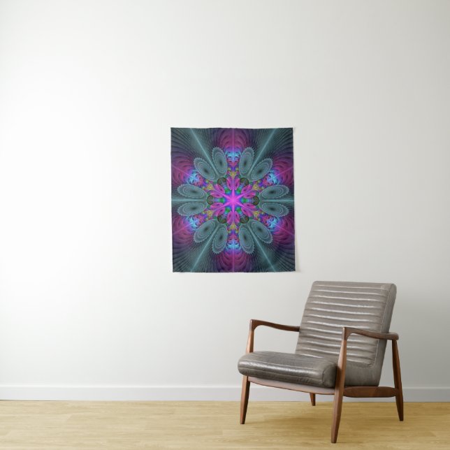 Tenture Mandala coloré frappant art fractal kaléidoscope (En situation)