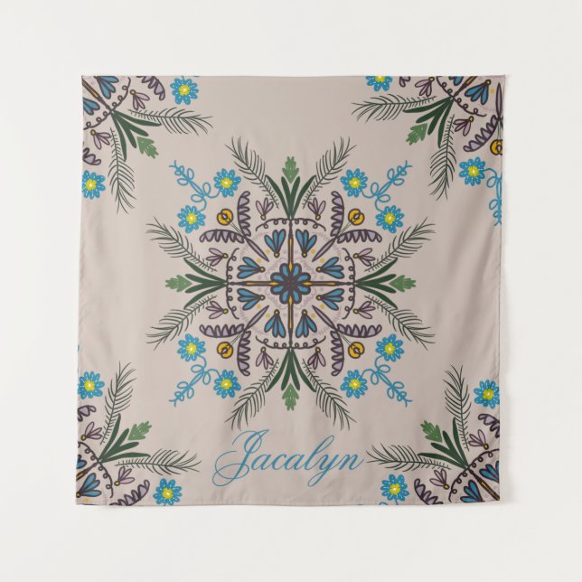 Tenture Mandala de botanique tropicale boho moderne Nom (Devant)