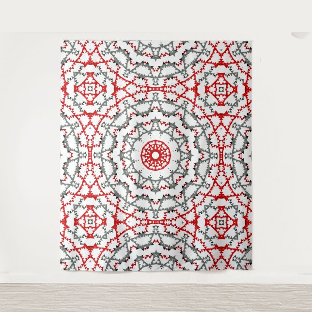 Tenture Mandala en blanc, rouge et kaki. (Devant)