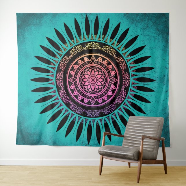 Tenture Mandala Fleur Zen Bleu et Rose (En situation (horizontale))
