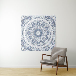 Tenture Mandala floral bleu poussiéreux