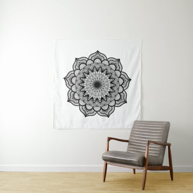 Tenture Mandala noir sur fond blanc (En situation)