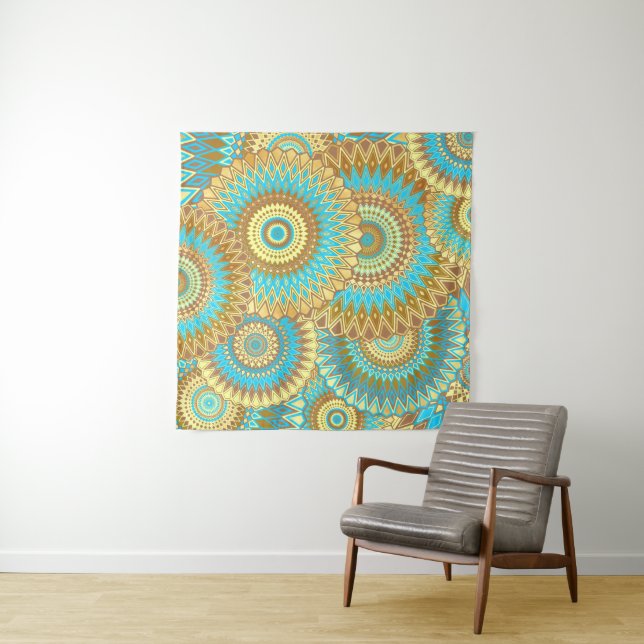 Tenture Mandala superposé bleu marron or (En situation)
