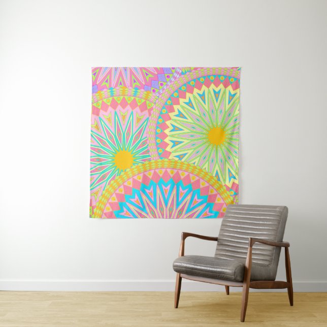 Tenture Mandala Superposé Rose Bleu Jaune Menthe Violet (En situation)