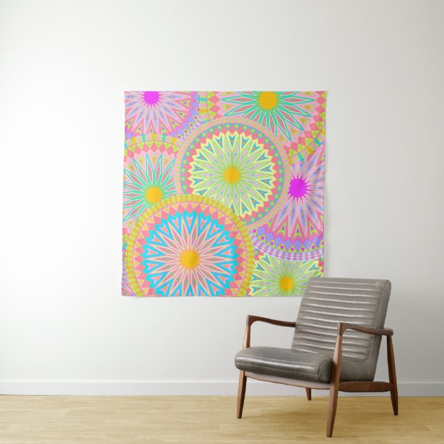 Tenture Mandala Superposé Rose Bleu Jaune Menthe Violet (En situation)