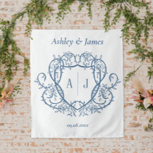 Tenture Mariage à la Crête de Monogramme en Acier Bleu de