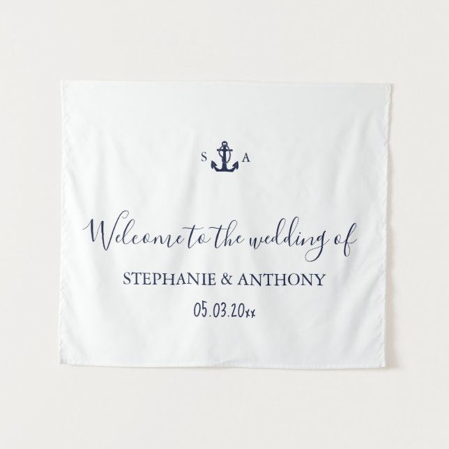 Tenture Mariage à l'ancre bleu marine Monogramme     (Devant (Horizontal))