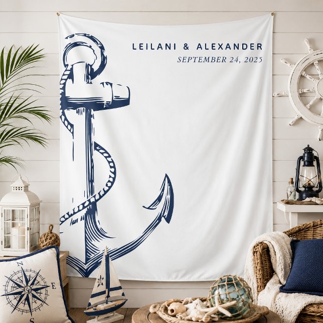 Tenture Mariage à l'ancre nautique blanc (Nautical anchor wedding backdrop that is modern and simple for a classic beach reception.)