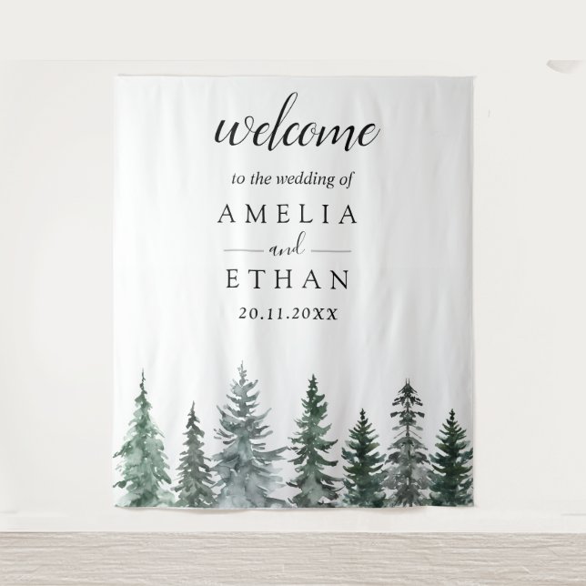 Tenture Mariage à l'aquarelle en forêt hivernale (Devant)