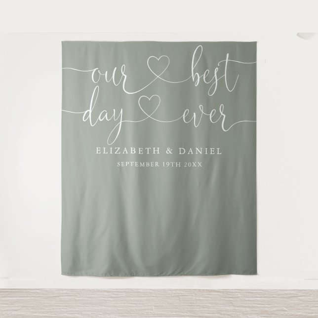 Tenture Mariage à l'écriture cursive de coeur vert sauge M (Devant)