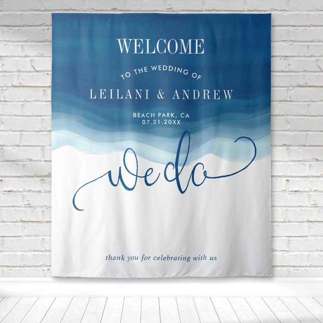 Tenture Mariage à l'Ombre Bleue Aquarelle Vague (We do ombre watercolor wedding welcome backdrop for photo ops for your beach inspired reception)