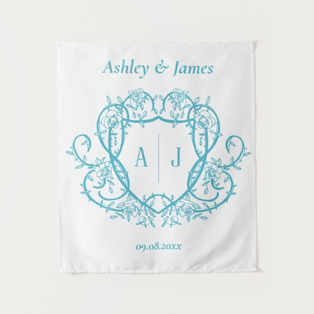 Tenture Mariage Armoirie Monogramme Turquoise Rose Décousu (Devant)