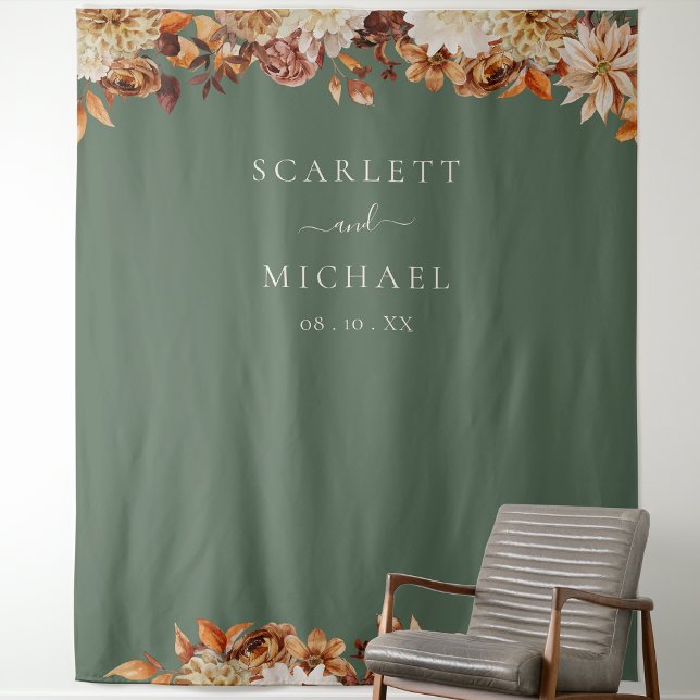 Tenture Mariage Automnal Vert (Sage Green Fall Floral Wedding Tapestry by Painted Paperie
)