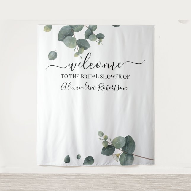 Tenture Mariage Bienvenue avec verdure d'eucalyptus (Devant)