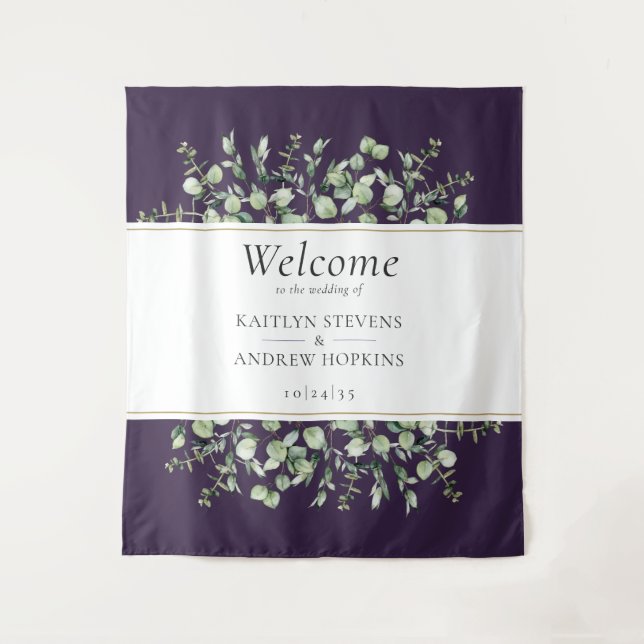 Tenture Mariage Bienvenue Eucalyptus Violet  (Devant)