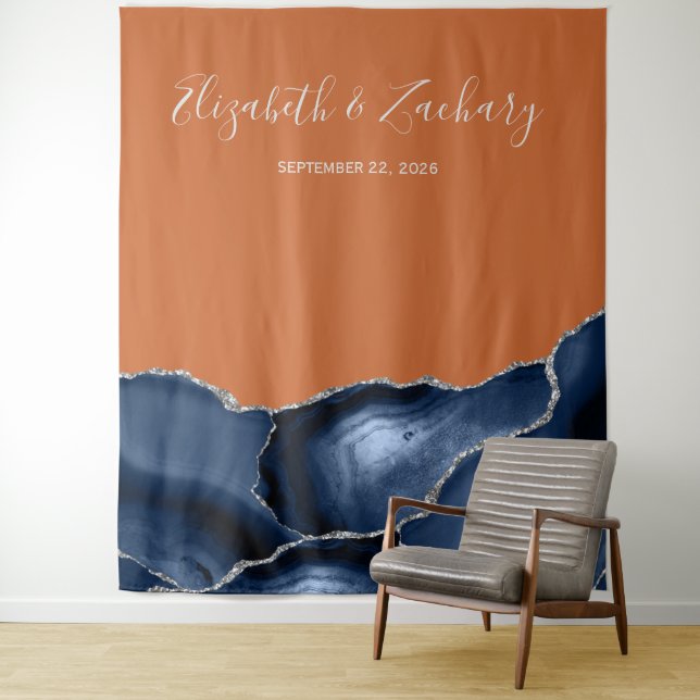 Tenture Mariage Bleu Nuit Argent Agate Orange Brûlé (En situation)