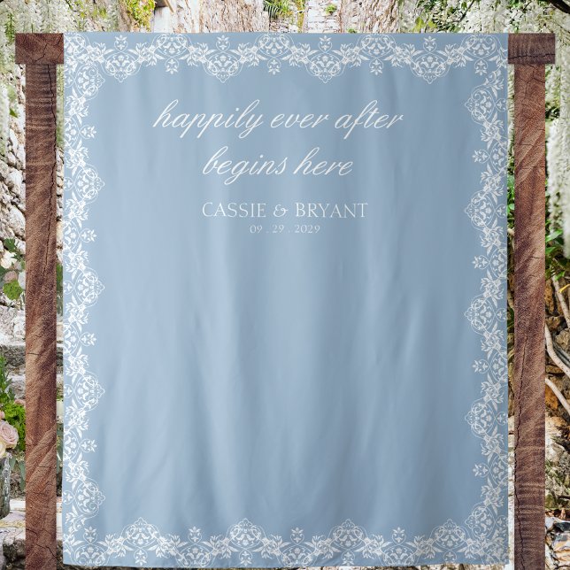 Tenture Mariage chic bleu et blanc Fairytale (chic dusty blue wedding photo backdrop happily ever after saying bride groom date tapestry)