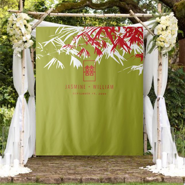 Tenture Mariage chinois Feuille en bambou vert et rouge (Green & Red Bamboo Leaves, Double Happiness Chinese Wedding Backdrop Tapestry @ fatfatin_ted_knot)