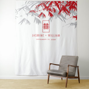 Tenture Mariage chinois Feuille gris et rouge bambou arriè