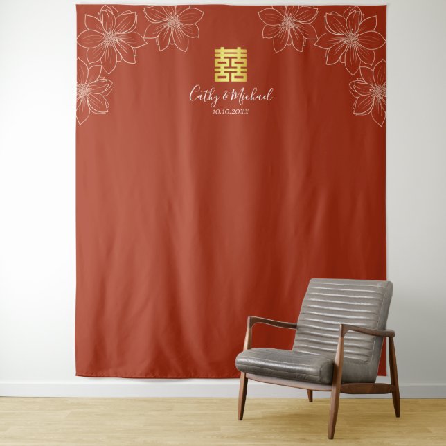 Tenture Mariage chinois floral rouge bohème moderne (En situation)