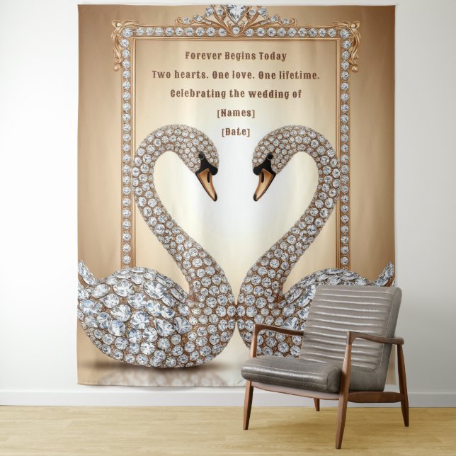 Tenture Mariage Cygnes Or Rose Design Arche d'Amour (En situation)