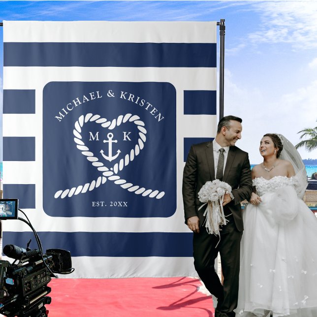 Tenture Mariage d'Ancre du coeur en corde bleue marine (Nautical Blue Striped Rope Heart Anchor Wedding Tapestry)