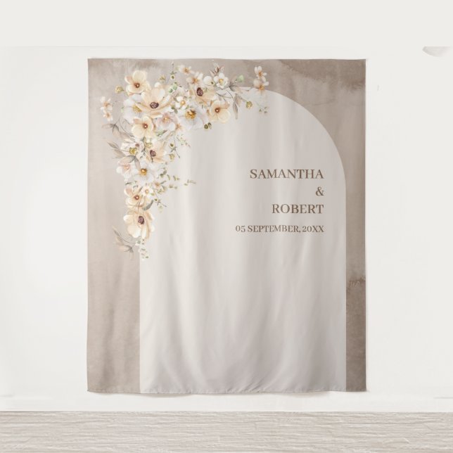 Tenture Mariage d'arc de bouho fleur sauvage neutre et ten (Devant)