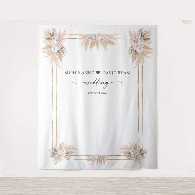 Tenture Mariage de l'herbe de Pampas Florale Rose Blanc (Devant)