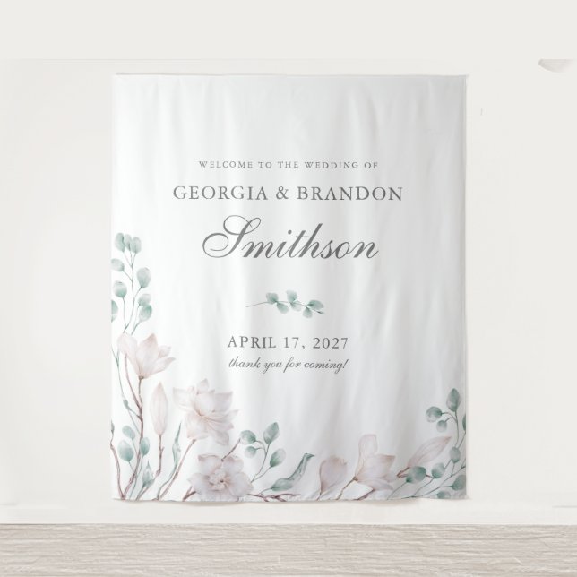 Tenture Mariage élégant Magnolia blanc et Eucalyptus  (Devant)