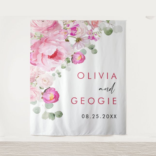 Tenture Mariage Fleurie Aquarelle Rose Foncé Pivoine (Devant)