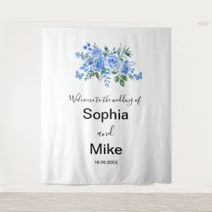 Tenture Mariage Fleurs Aquarelle Bleue et Papillons