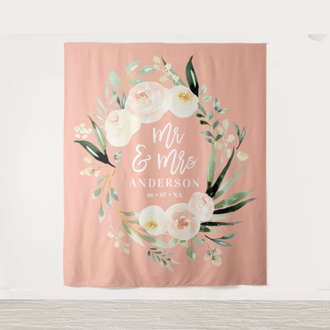 Tenture Mariage floral aquarelle rose et vert pour M & Mme (Devant)